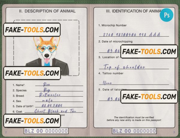 Belize dog (animal, pet) passport PSD template, completely editable scan effect