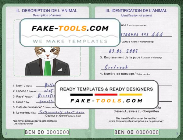 Benin cat (animal, pet) passport PSD template, fully editable