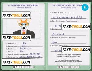 Benin dog (animal, pet) passport PSD template, completely editable