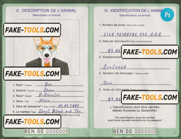 Benin dog (animal, pet) passport PSD template, completely editable scan effect