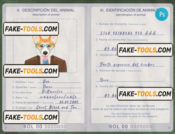 Bolivia dog (animal, pet) passport PSD template, fully editable scan effect