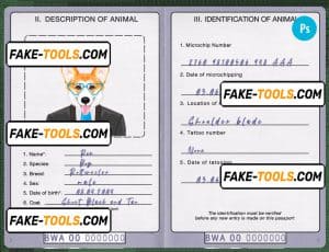 Botswana dog (animal, pet) passport PSD template, fully editable