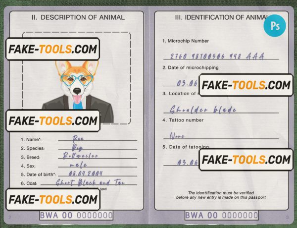 Botswana dog (animal, pet) passport PSD template, fully editable scan effect