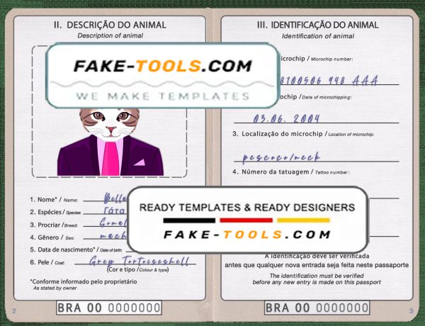 Brazil cat (animal, pet) passport PSD template, completely editable