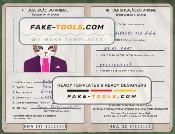 Brazil cat (animal, pet) passport PSD template, completely editable scan effect