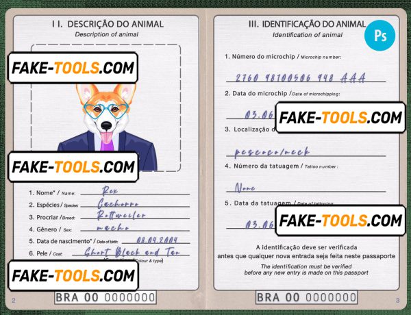 Brazil dog (animal, pet) passport PSD template, completely editable