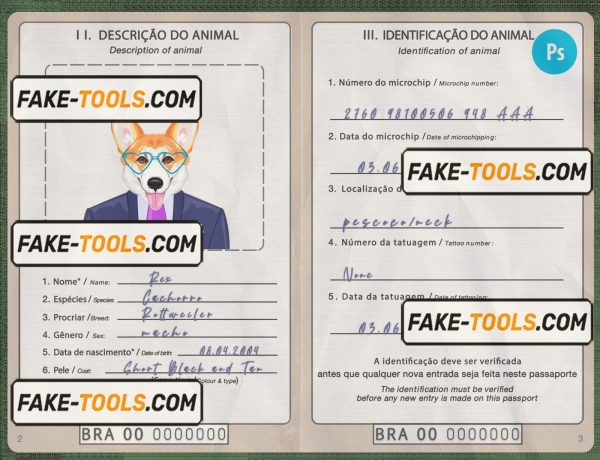 Brazil dog (animal, pet) passport PSD template, completely editable scan effect