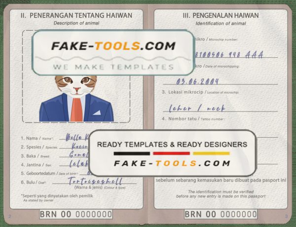 Brunei cat (animal, pet) passport PSD template, completely editable scan effect