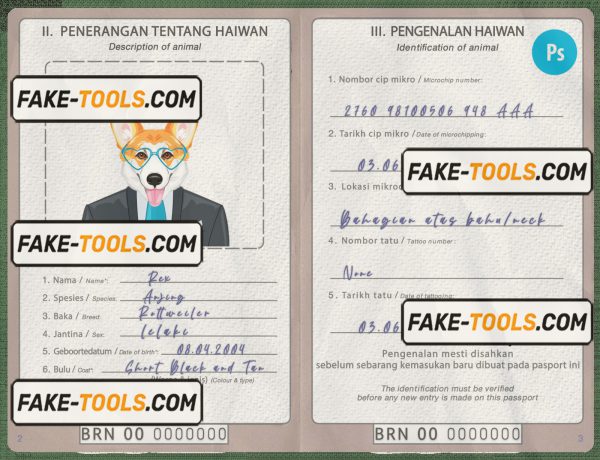 Brunei dog (animal, pet) passport PSD template, completely editable scan effect