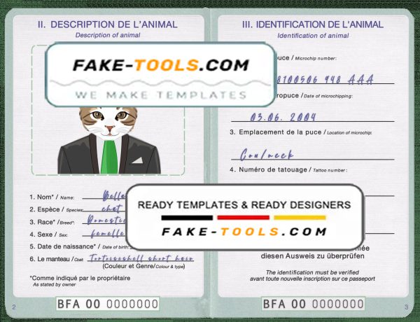 Burkina Faso cat (animal, pet) passport PSD template, fully editable