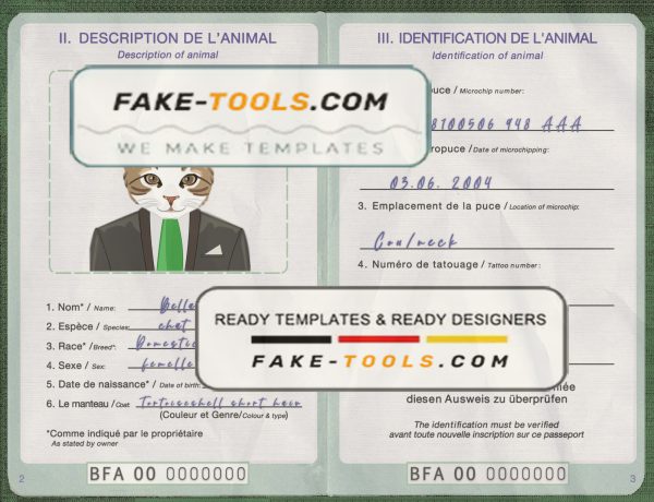 Burkina Faso cat (animal, pet) passport PSD template, fully editable scan effect