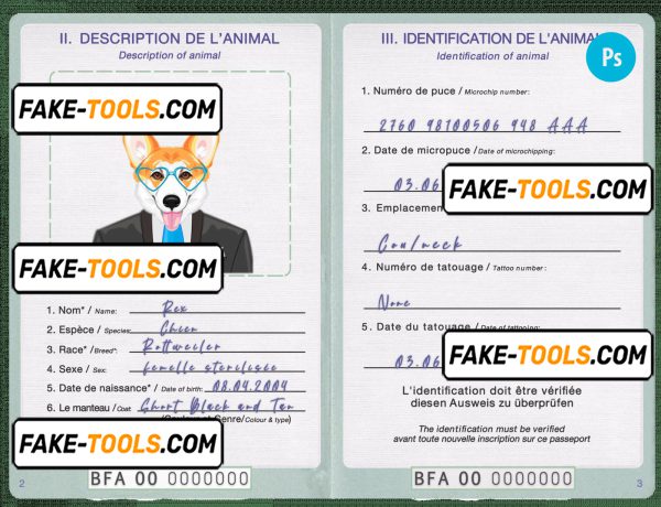 Burkina Faso dog (animal, pet) passport PSD template, fully editable