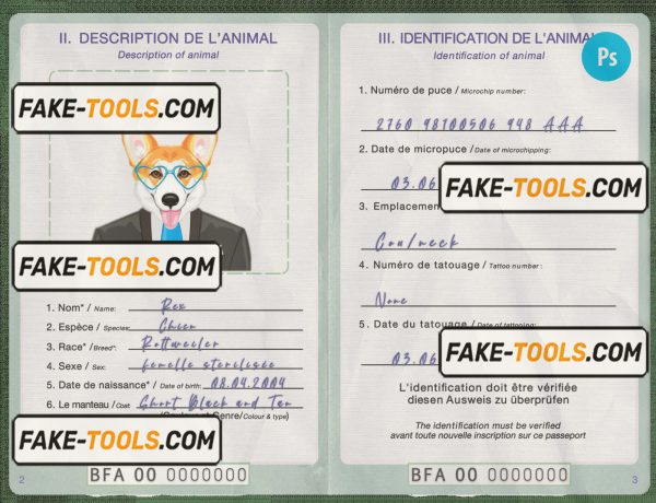 Burkina Faso dog (animal, pet) passport PSD template, fully editable scan effect