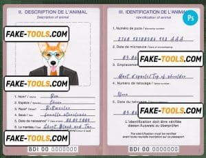 Burundi dog (animal, pet) passport PSD template, completely editable