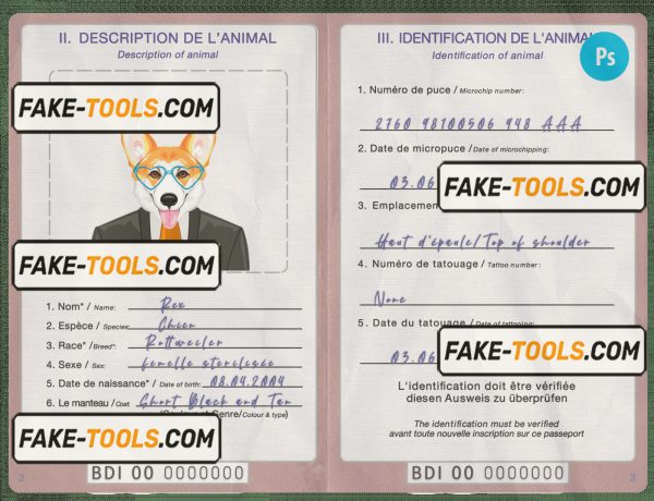 Burundi dog (animal, pet) passport PSD template, completely editable scan effect