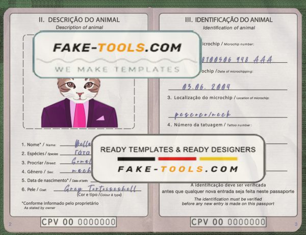 Cabo Verde cat (animal, pet) passport PSD template, fully editable scan effect