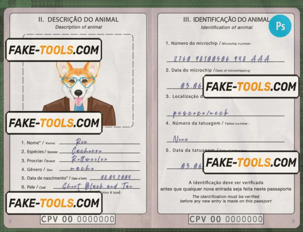 Cabo Verde dog (animal, pet) passport PSD template, fully editable scan effect