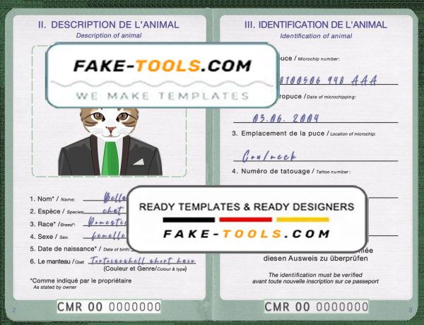 Cameroon cat (animal, pet) passport PSD template, fully editable