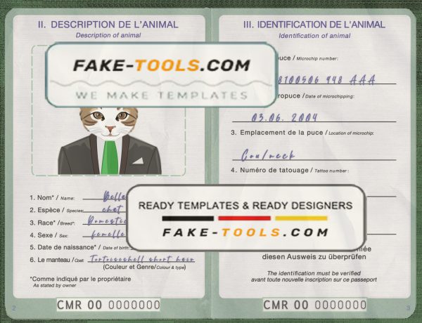 Cameroon cat (animal, pet) passport PSD template, fully editable scan effect