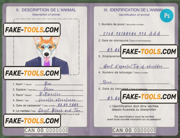 Canada dog (animal, pet) passport PSD template, fully editable scan effect