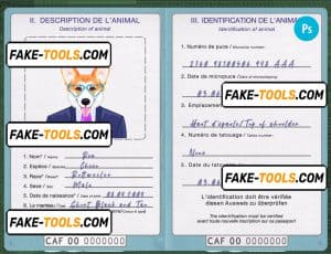 Central African Republic dog (animal, pet) passport PSD template, fully editable