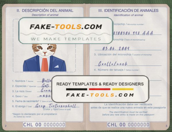Chile cat (animal, pet) passport PSD template, completely editable scan effect