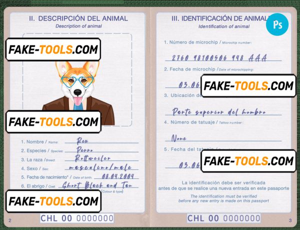 Chile dog (animal, pet) passport PSD template, completely editable