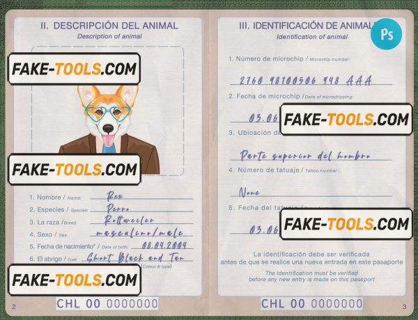 Chile dog (animal, pet) passport PSD template, completely editable scan effect