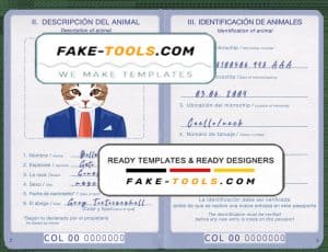 Colombia cat (animal, pet) passport PSD template, completely editable