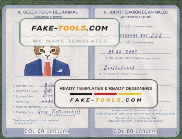 Colombia cat (animal, pet) passport PSD template, completely editable scan effect