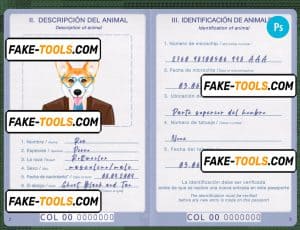 Colombia dog (animal, pet) passport PSD template, fully editable