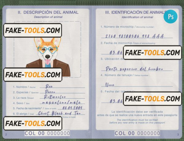 Colombia dog (animal, pet) passport PSD template, fully editable scan effect