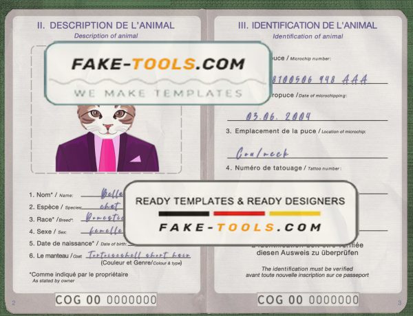 Congo cat (animal, pet) passport PSD template, fully editable scan effect