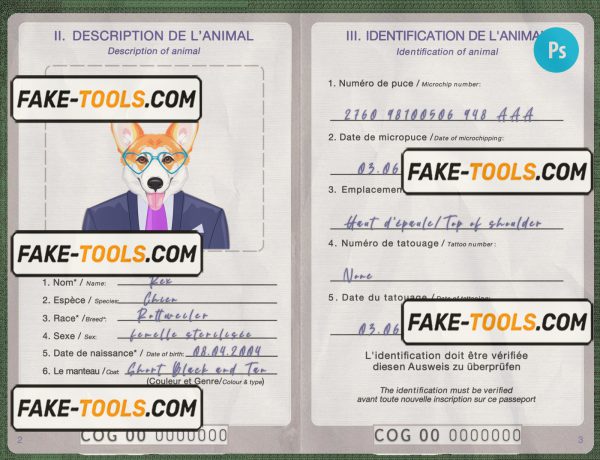 Congo dog (animal, pet) passport PSD template, completely editable scan effect