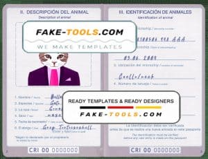 Costa Rica cat (animal, pet) passport PSD template, completely editable