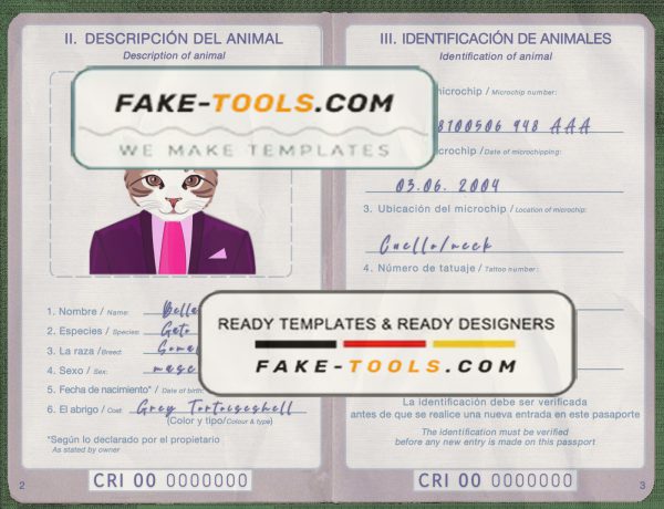 Costa Rica cat (animal, pet) passport PSD template, completely editable scan effect