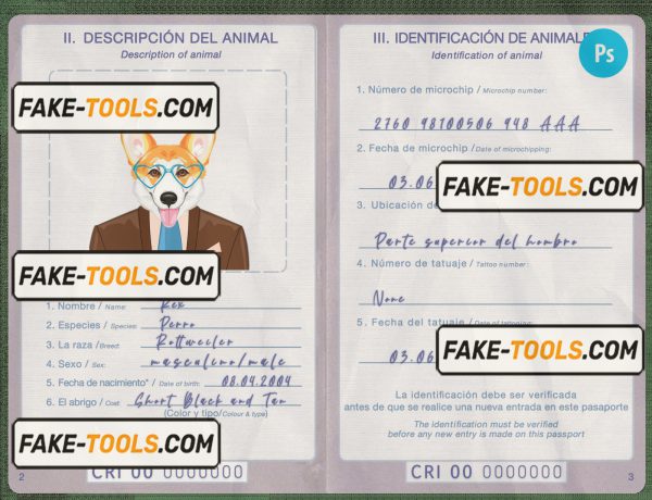 Costa Rica dog (animal, pet) passport PSD template, fully editable scan effect
