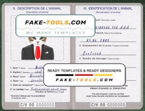 Côte d’Ivoire cat (animal, pet) passport PSD template, fully editable