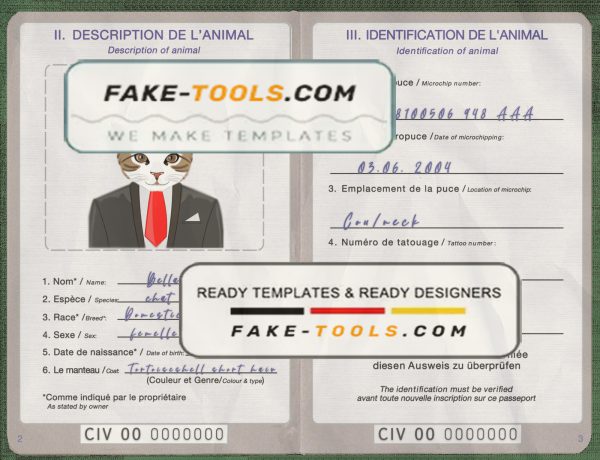Côte d’Ivoire cat (animal, pet) passport PSD template, fully editable scan effect
