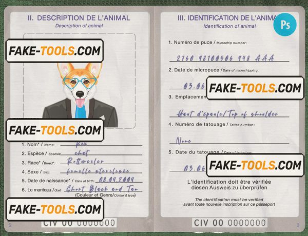 Côte d’Ivoire dog (animal, pet) passport PSD template, fully editable scan effect