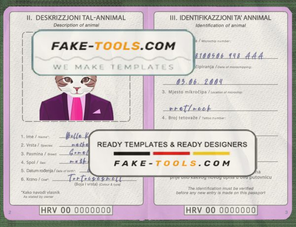 Croatia cat (animal, pet) passport PSD template, fully editable scan effect