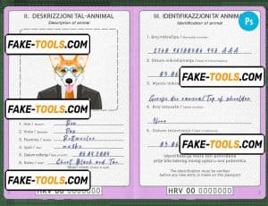 Croatia dog (animal, pet) passport PSD template, completely editable