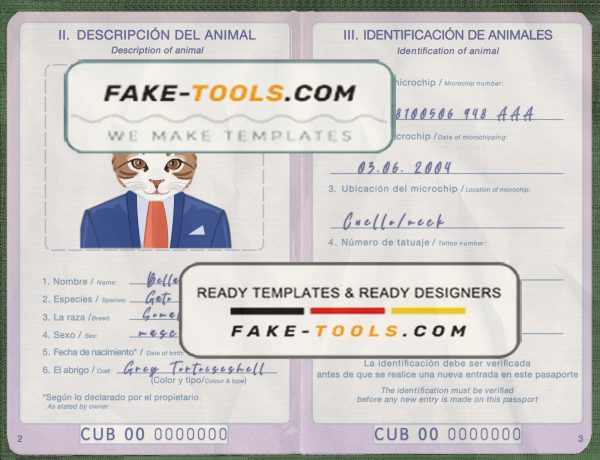 Cuba cat (animal, pet) passport PSD template, completely editable scan effect