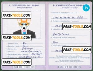Cuba dog (animal, pet) passport PSD template, completely editable