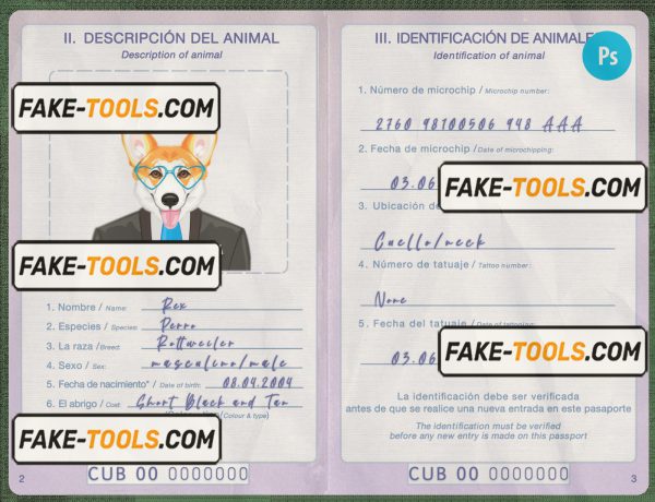 Cuba dog (animal, pet) passport PSD template, completely editable scan effect
