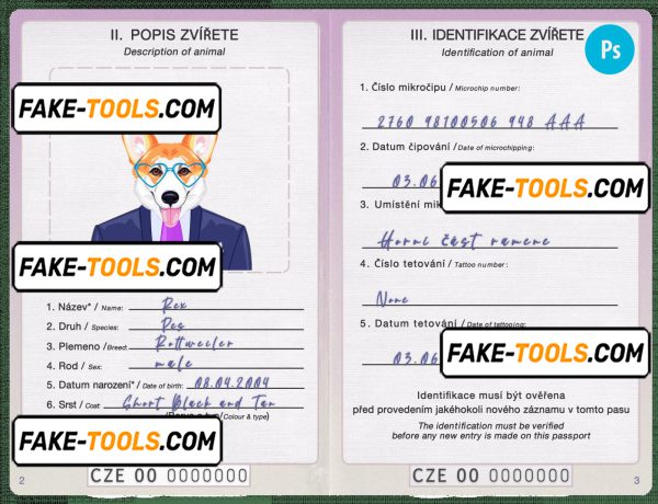 Czech Republic dog (animal, pet) passport PSD template, completely editable scan effect