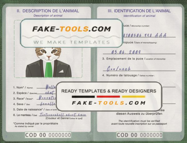 Democratic Republic of the Congo cat (animal, pet) passport PSD template, fully editable scan effect