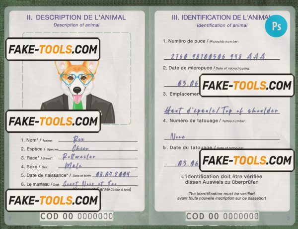 Democratic Republic of the Congo dog (animal, pet) passport PSD template, fully editable scan effect