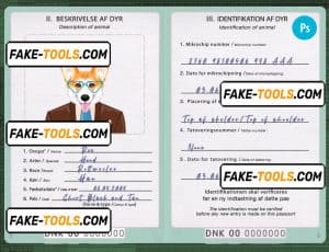 Denmark dog (animal, pet) passport PSD template, fully editable