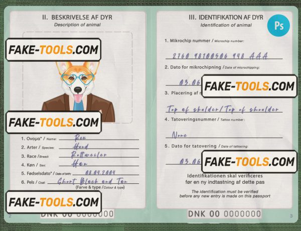Denmark dog (animal, pet) passport PSD template, fully editable scan effect